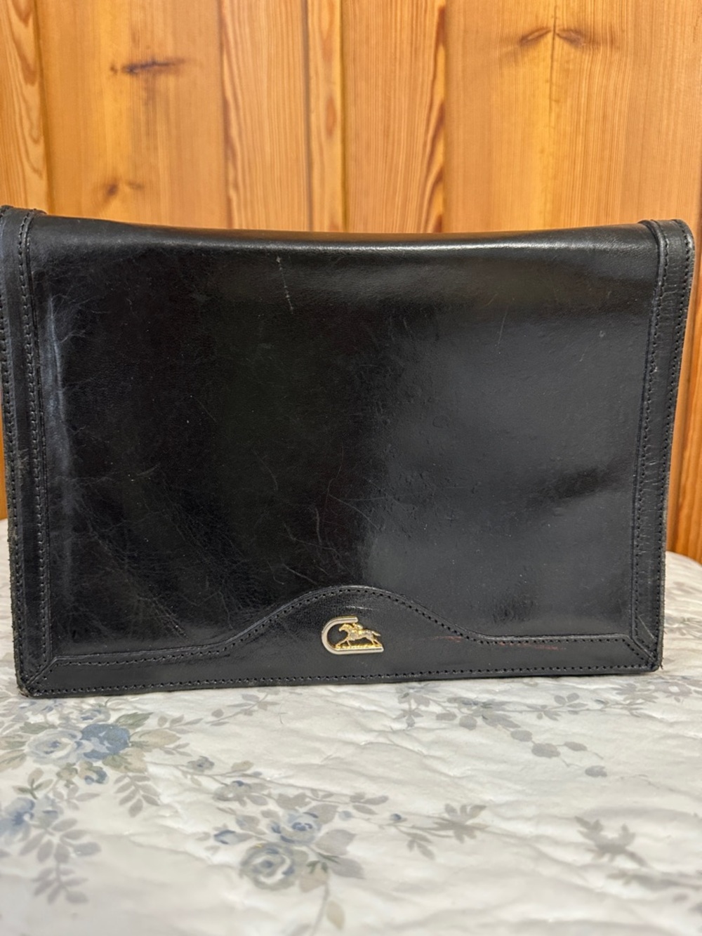 Black Leather Womens  Messenger style Bag with Gold Accent